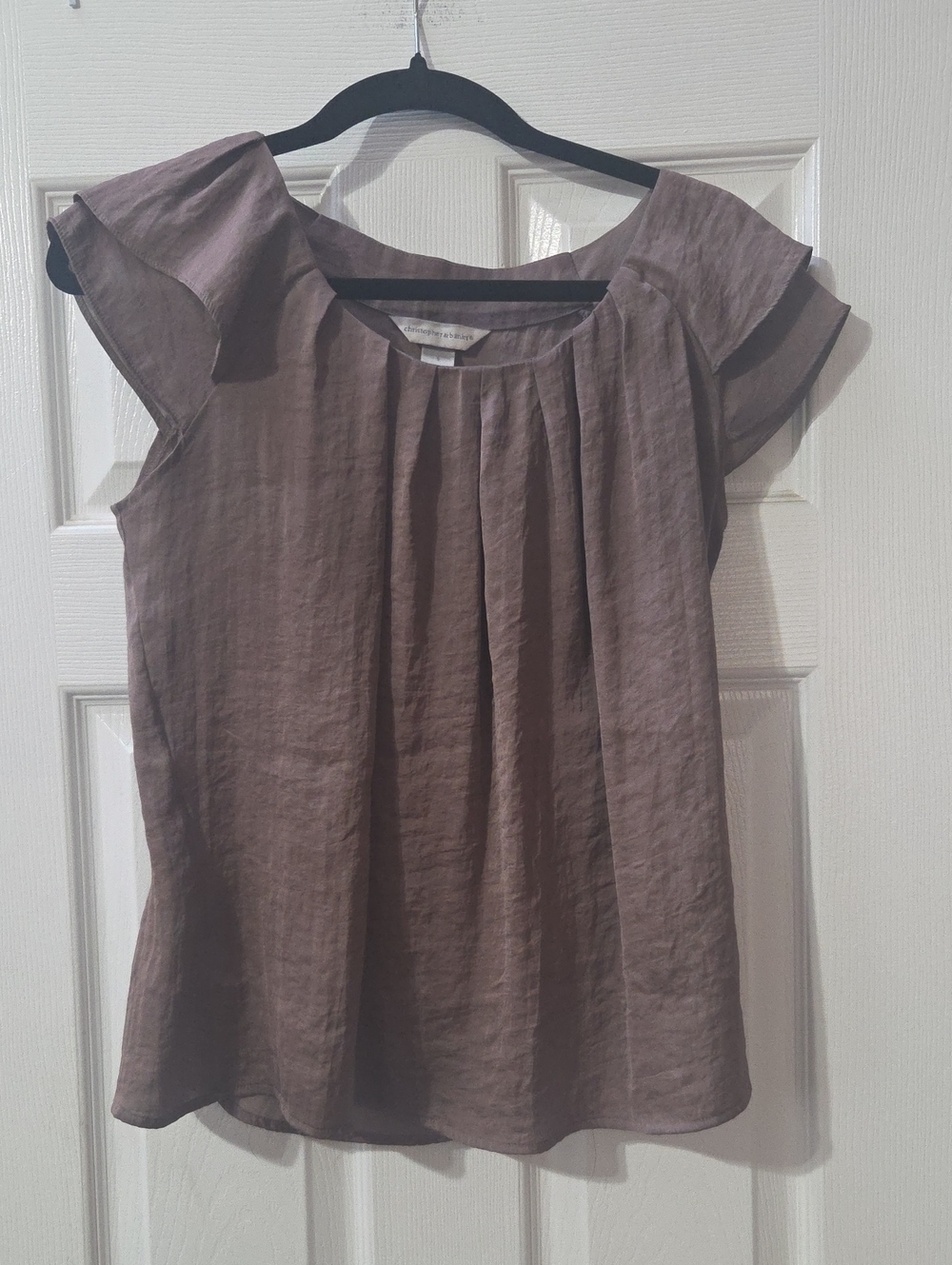 Christopher & Banks Taupe Pleated Flutter Sleeve Blouse